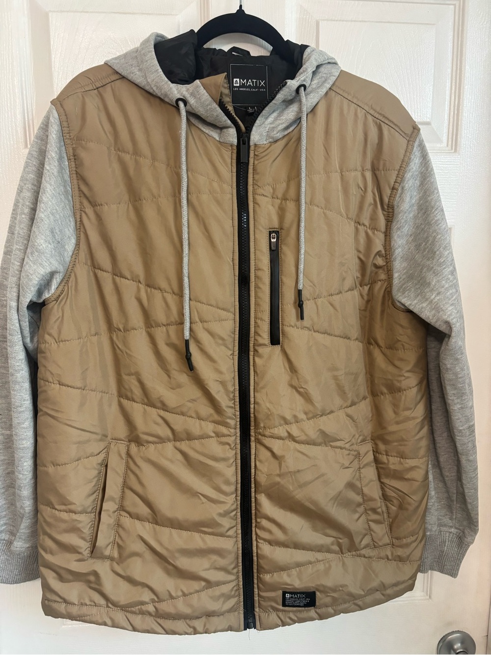 Matix Men's Tan Puffer Jacket with Light Gray Sleeves & Hood